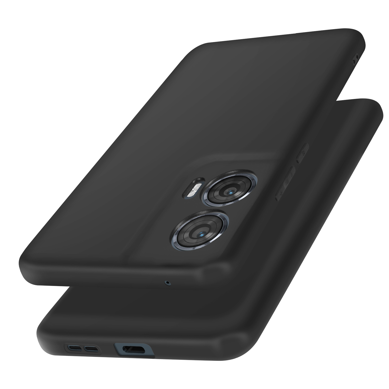 Due telefoni neri impilati. Quello superiore leggermente angolato, con due fotocamere.