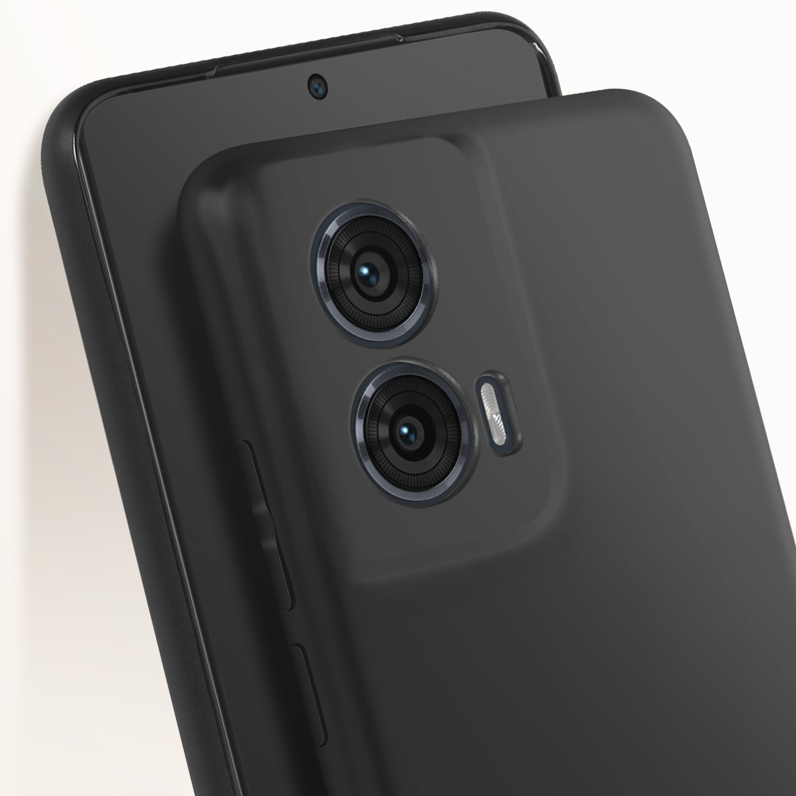 Due custodie nere per telefono, una copre parzialmente l'altra. Fotocamere visibili.