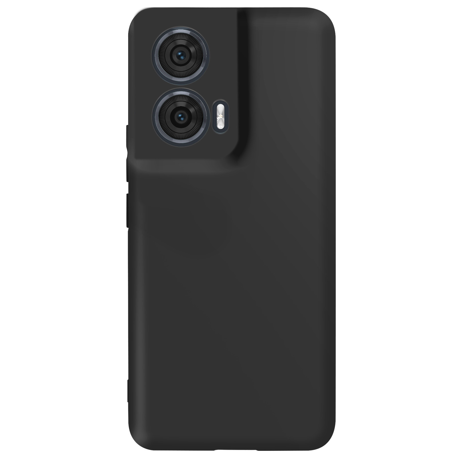 Una custodia nera per telefono che mostra due obiettivi della fotocamera. Il retro è nero liscio, con ritagli per le lenti.