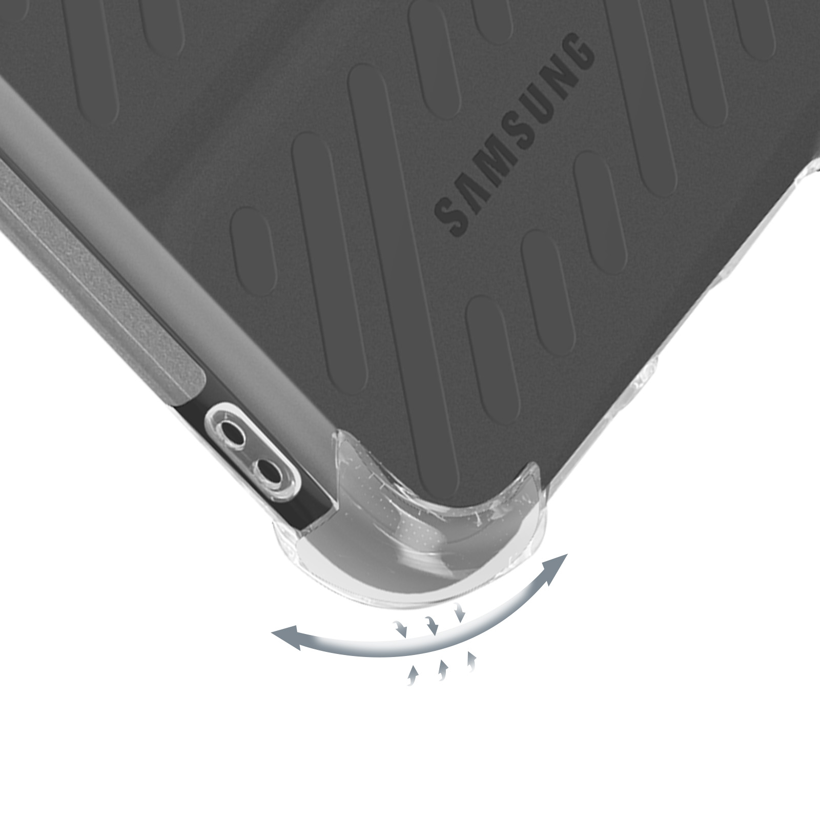 Dettaglio custodia tablet. Primo piano dell'angolo di una custodia grigia. Logo Samsung visibile. Frecce indicano curva.
