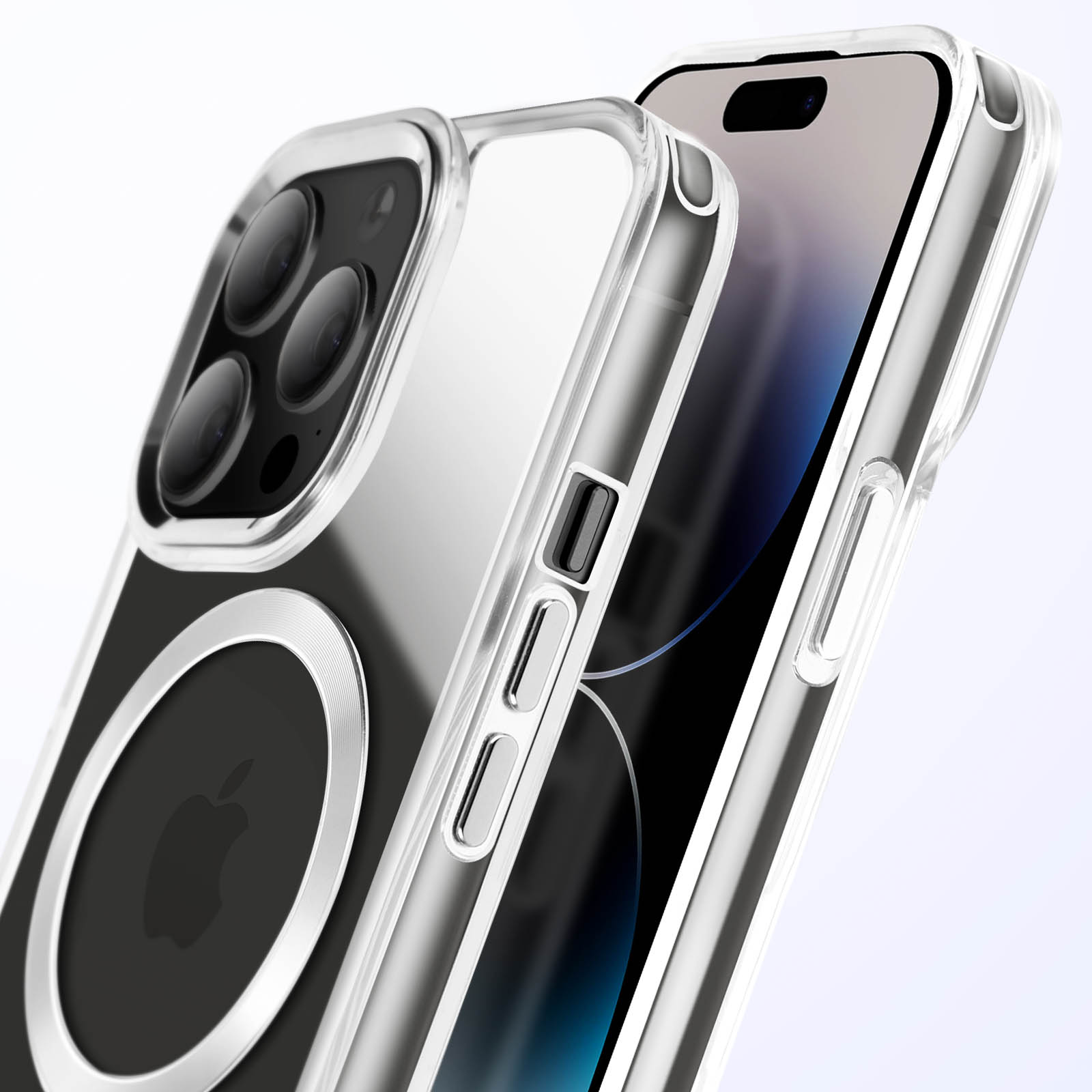 Custodia trasparente per telefono con anello argentato. Il telefono ha uno schermo nero e un logo Apple argentato.