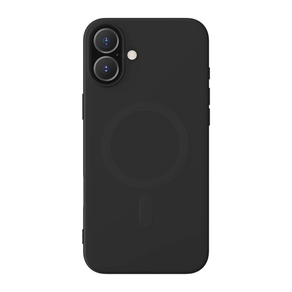 Custodia per telefono nera con un design circolare sul retro. L'area della fotocamera è visibile. Lo sfondo è bianco.