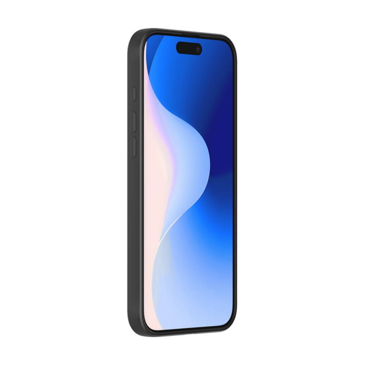 Telefono nero con design a onda blu e bianca sullo schermo. Cornice nera.