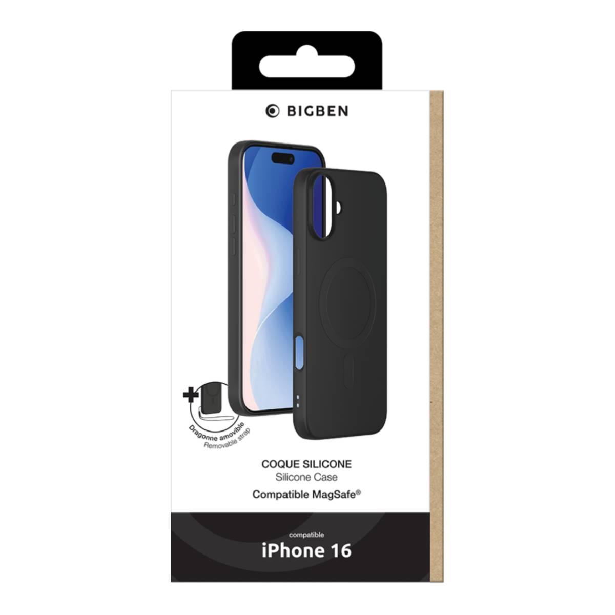 Confezione di una custodia nera per iPhone 16 di BIGBEN. Testo e grafica presenti.