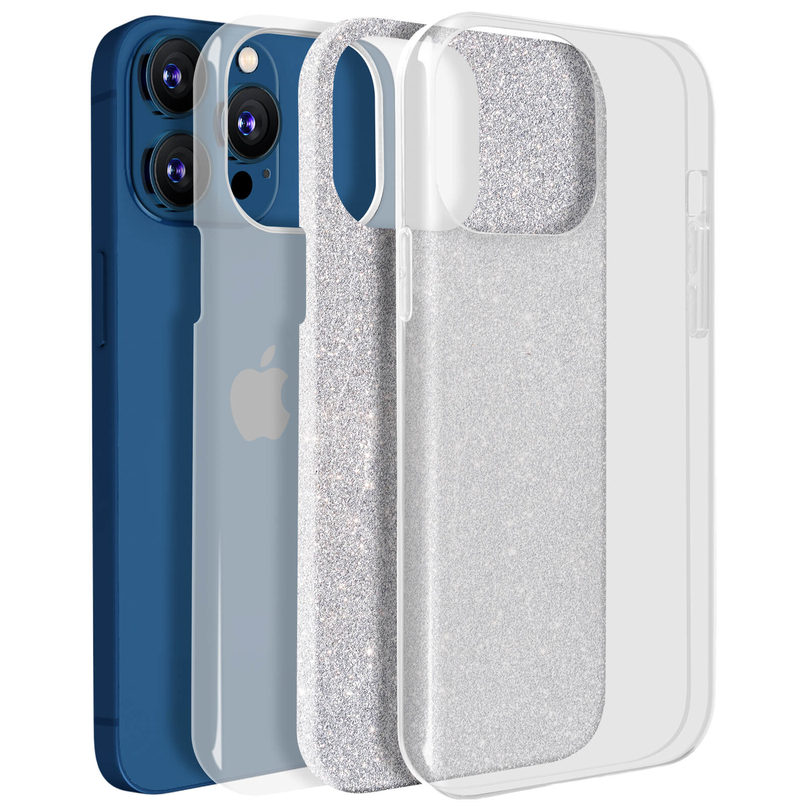 Custodie per telefono multiple. Custodie blu, trasparenti e glitterate. Telefoni dentro.