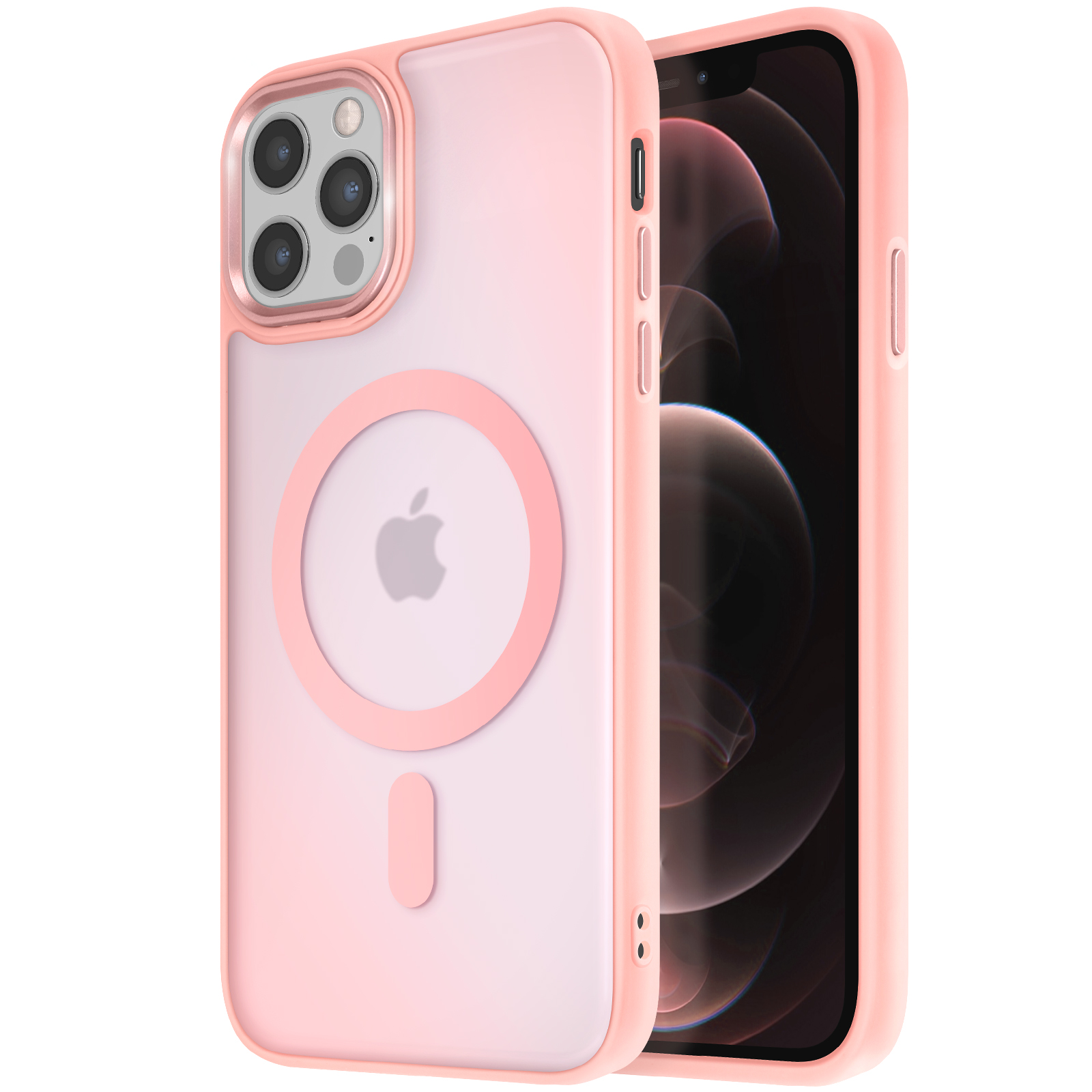 Custodia rosa per telefono con MagSafe e logo Apple. Secondo telefono all'interno della custodia.