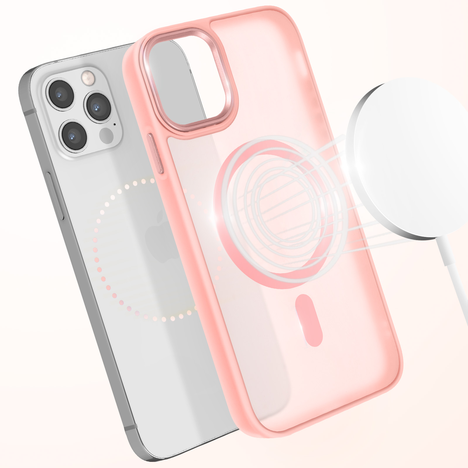 Custodia rosa per telefono con caricatore bianco. La custodia ha un cerchio rosa. Sfondo rosa.