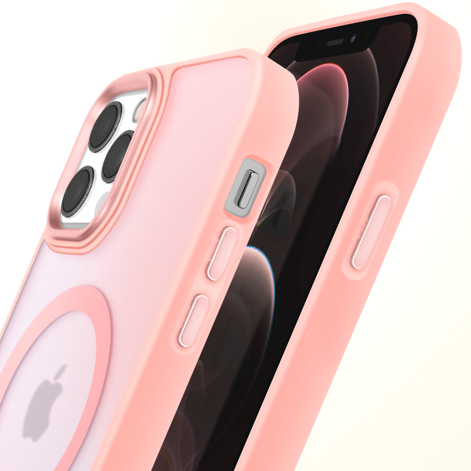 Custodia rosa e trasparente con anello MagSafe. Un telefono di lato.
