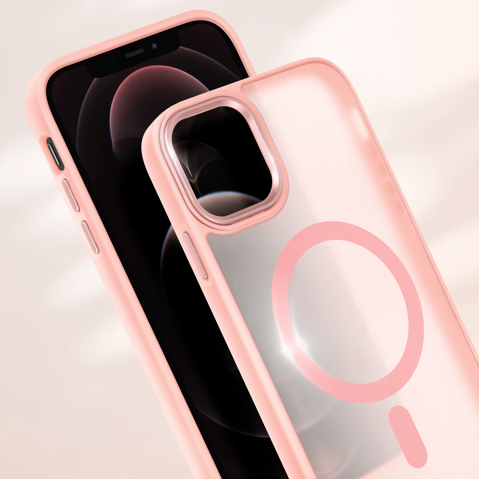 Custodia e telefono rosa. La custodia ha un retro trasparente e una cornice rosa.