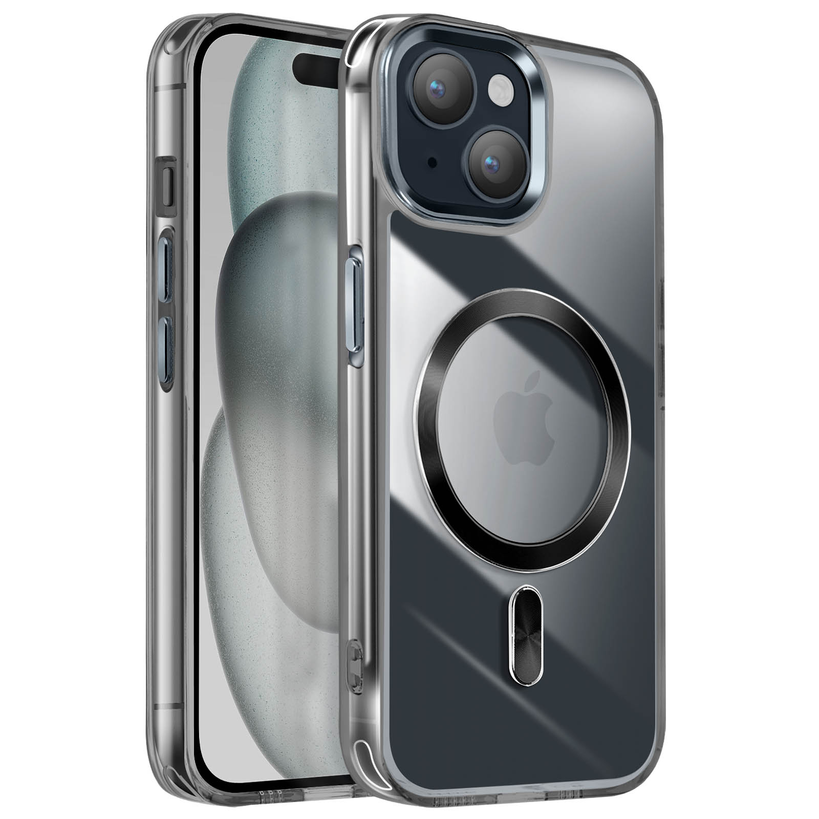 Custodia trasparente con dettagli scuri. Telefono visibile all'interno. Cerchio e pulsante. Sfondo grigio.