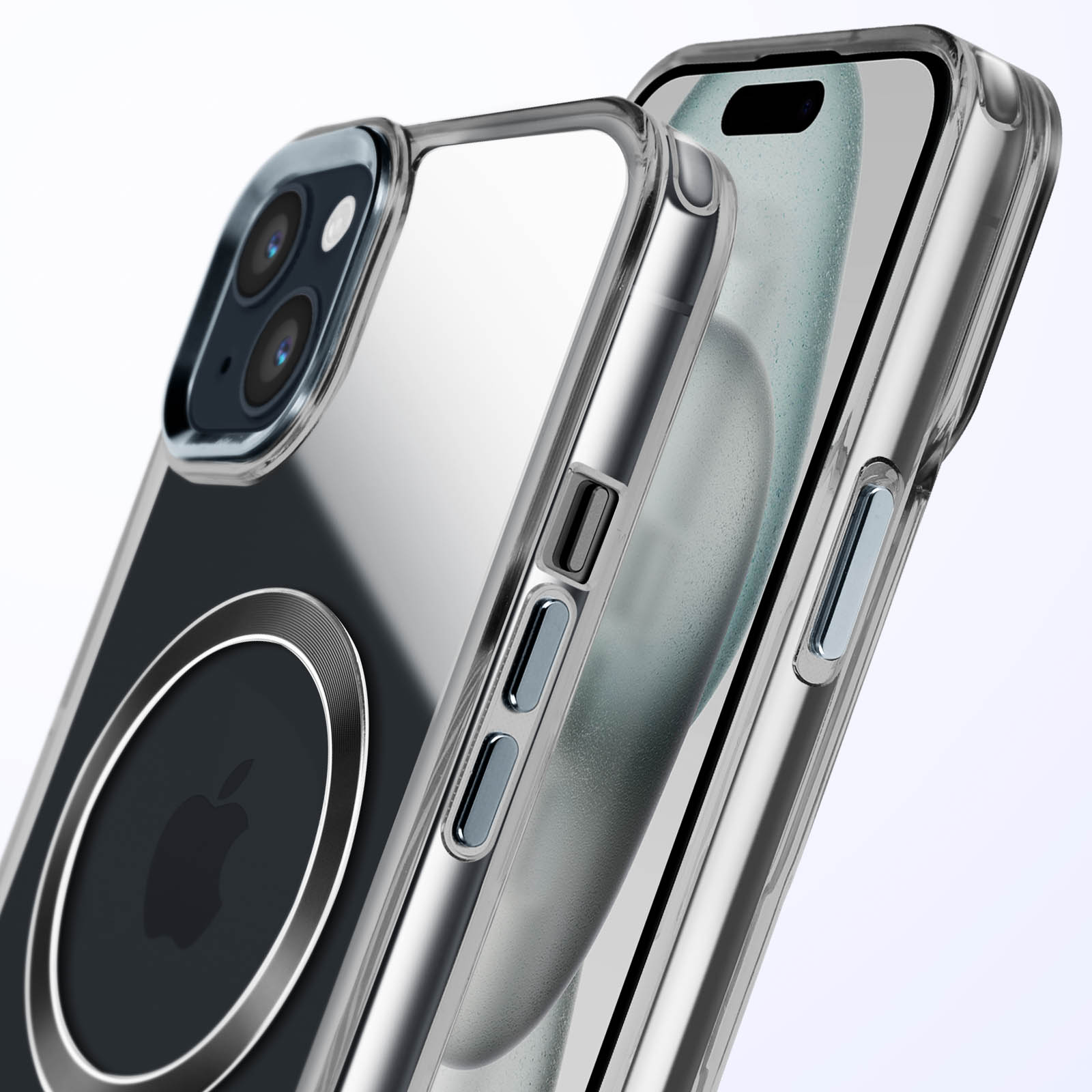 Custodia trasparente con telefono. Il telefono ha un anello magnetico e logo Apple.