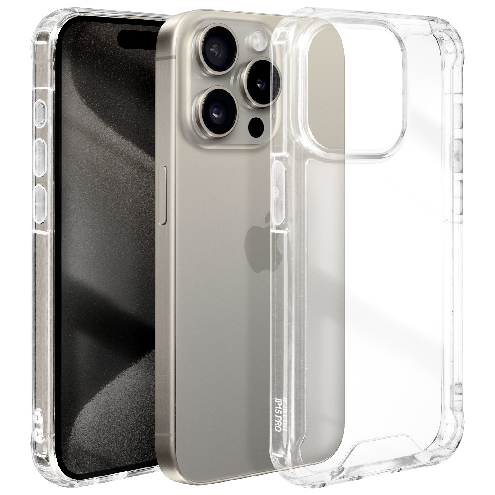 Una custodia trasparente per telefono su un telefono. Il telefono ha più fotocamere. La custodia ha un retro trasparente.