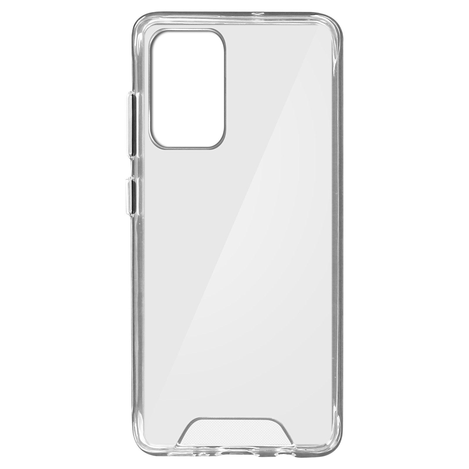 Custodia trasparente per telefono con fori per fotocamera e pulsanti.