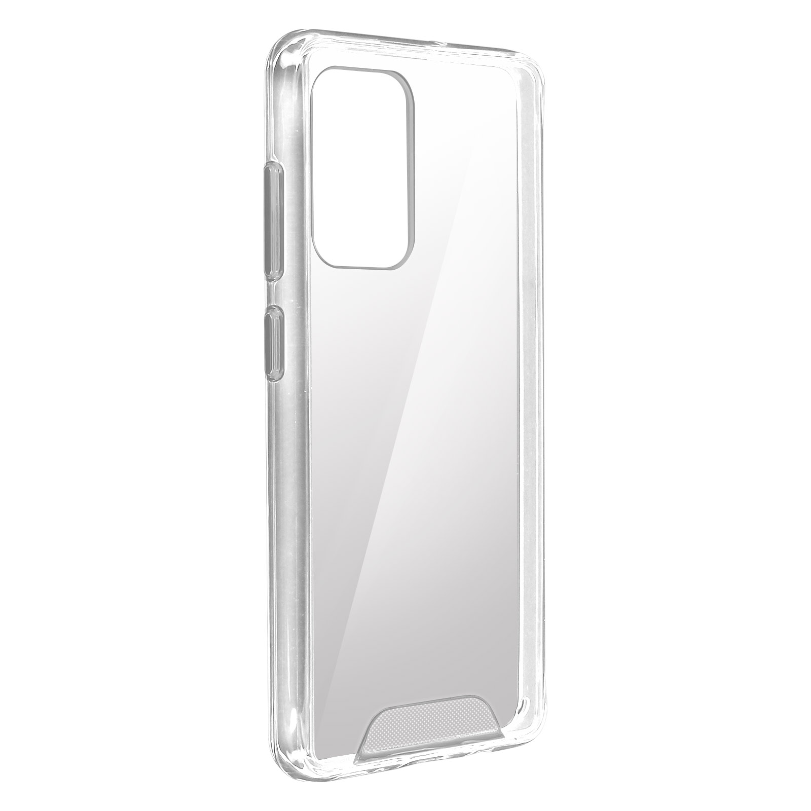 Custodia trasparente per telefono. Ha un ritaglio rettangolare per la fotocamera.