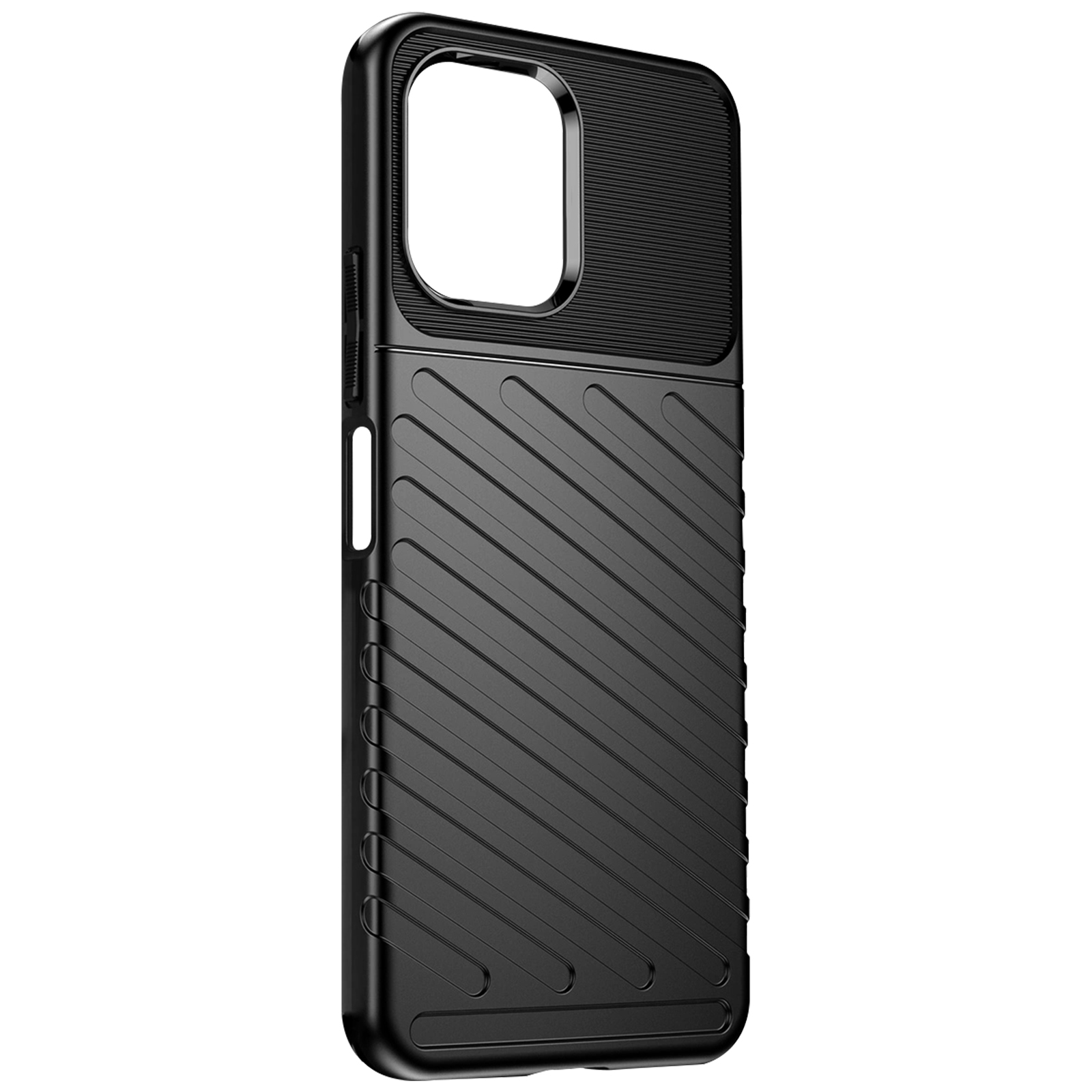 Custodia nera per telefono con linee diagonali sul retro e bordo superiore strutturato.