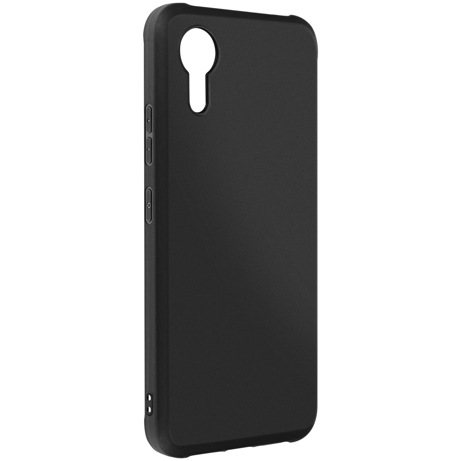 Custodia per telefono nera. Design semplice, con ritagli per la fotocamera e i pulsanti laterali. La custodia è leggermente angolata.