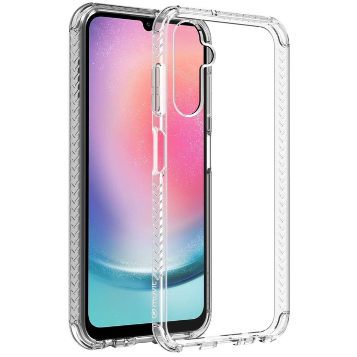 Custodia trasparente con bordo decorato. Lo schermo del telefono è visibile.