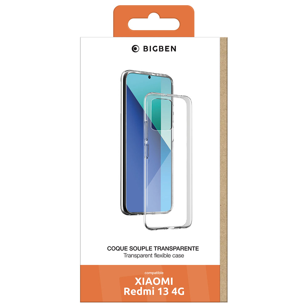 Una custodia per telefono con un telefono all'interno, in una scatola. La scatola dice 'COQUE SOUPLE TRANSPARENTE' e 'XIAOMI'.