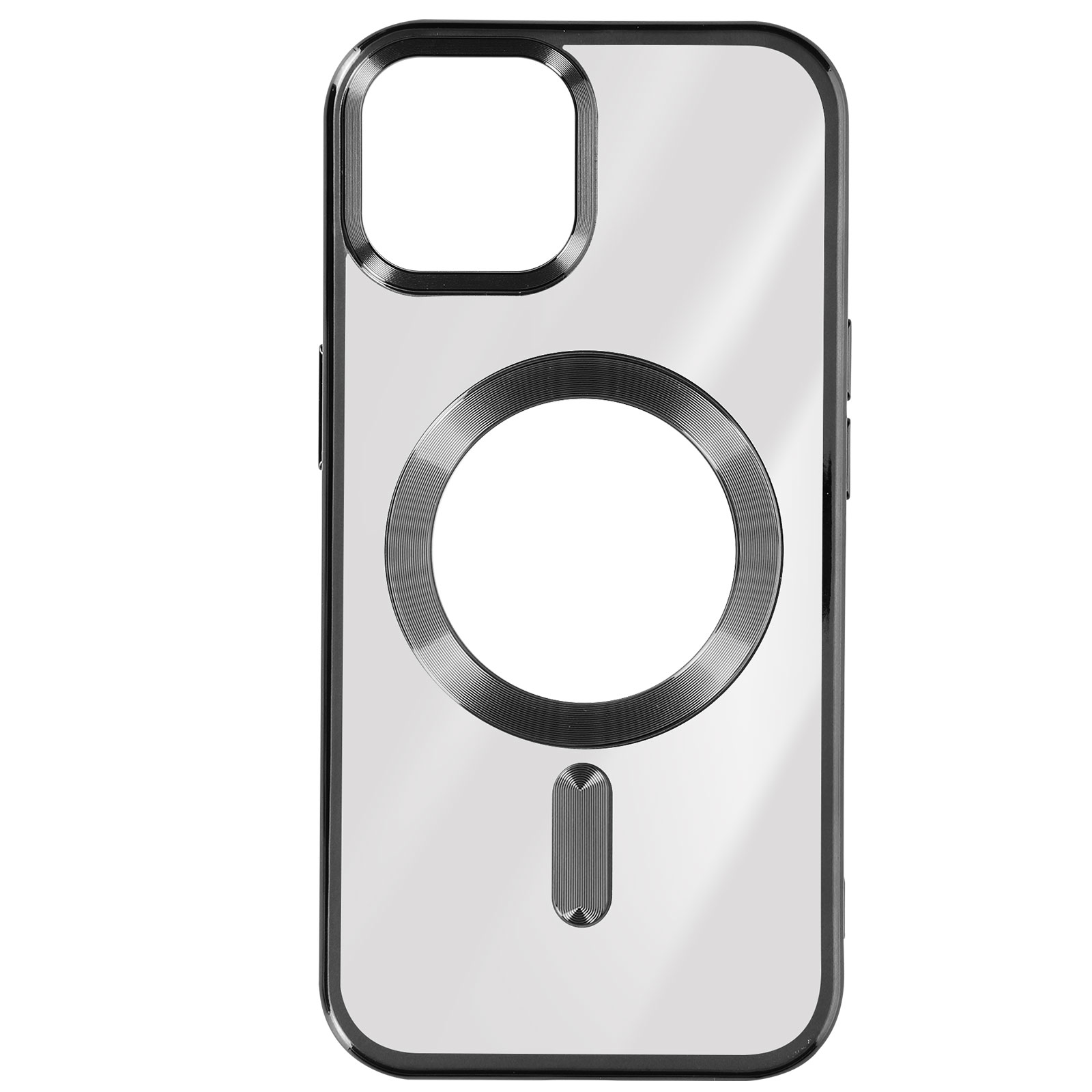Transparante telefoonhoes met zwart frame en magnetische ring op de achterkant.