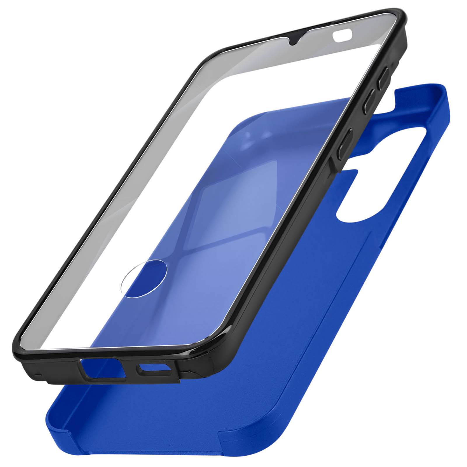 Custodia per telefono in due parti, frontale trasparente e retro blu. La custodia è mostrata separata.