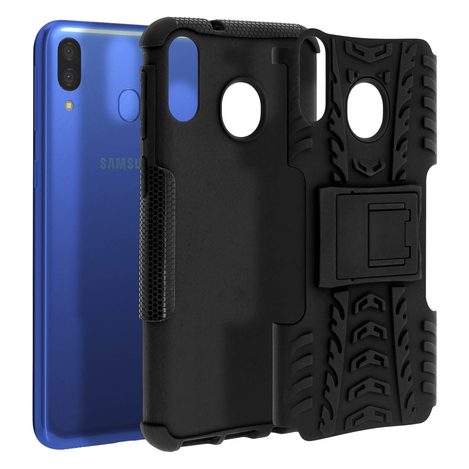 Custodia nera con supporto, accanto a un telefono Samsung blu.