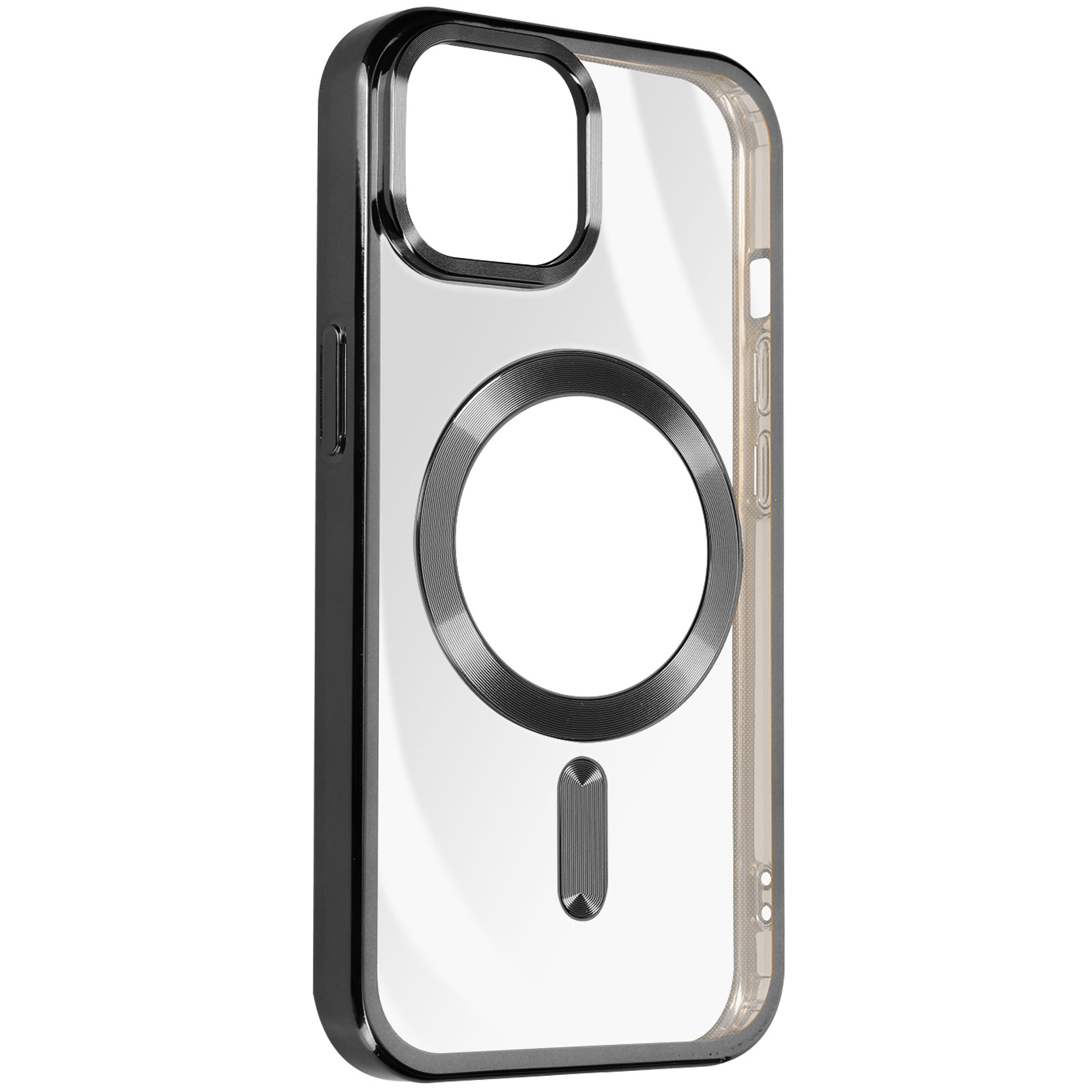 Een doorzichtige telefoonhoes met een zwarte rand en een zilverkleurige cirkel. Witte achtergrond.