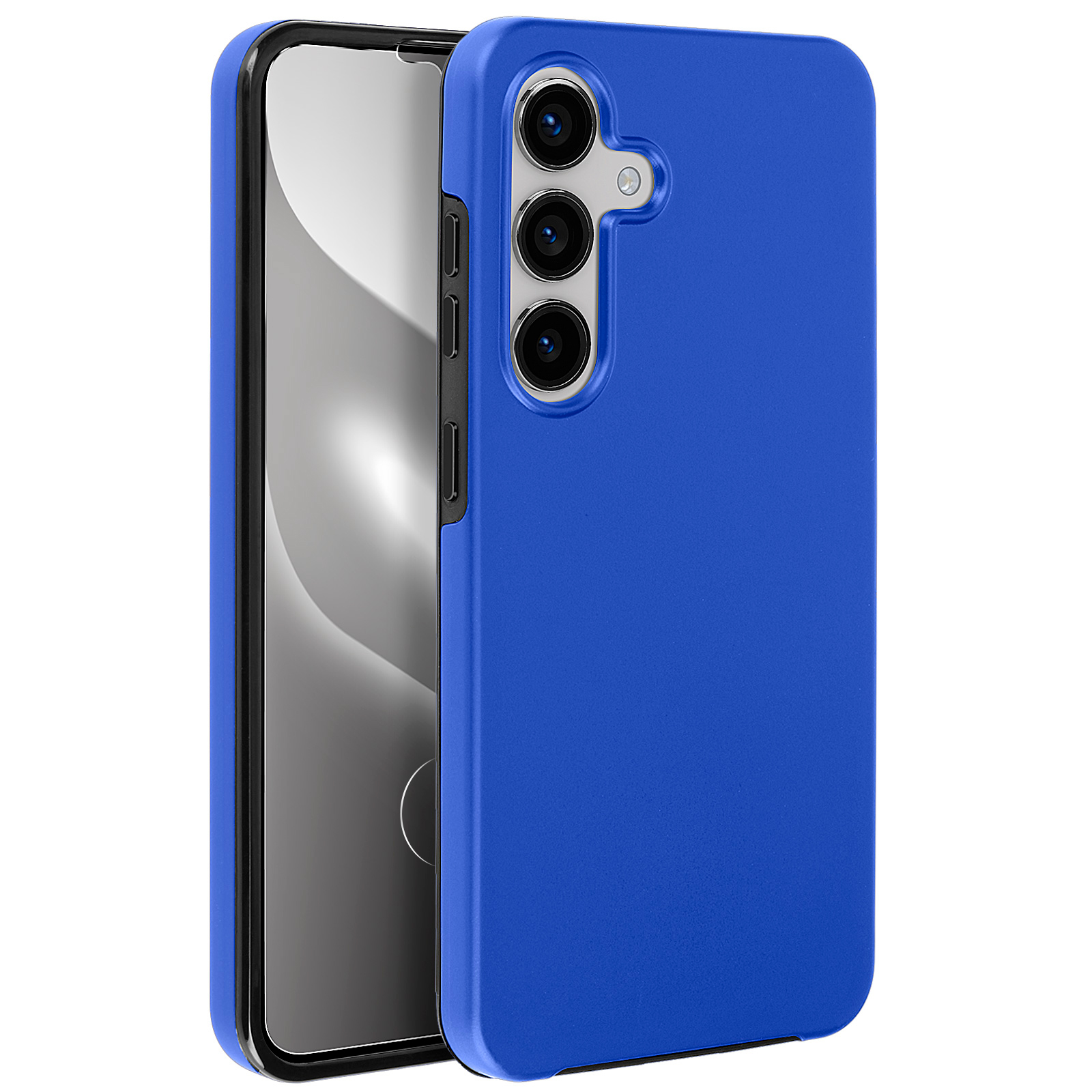 Custodia blu, telefono dentro. Configurazione a tripla fotocamera visibile. Schermo nero.