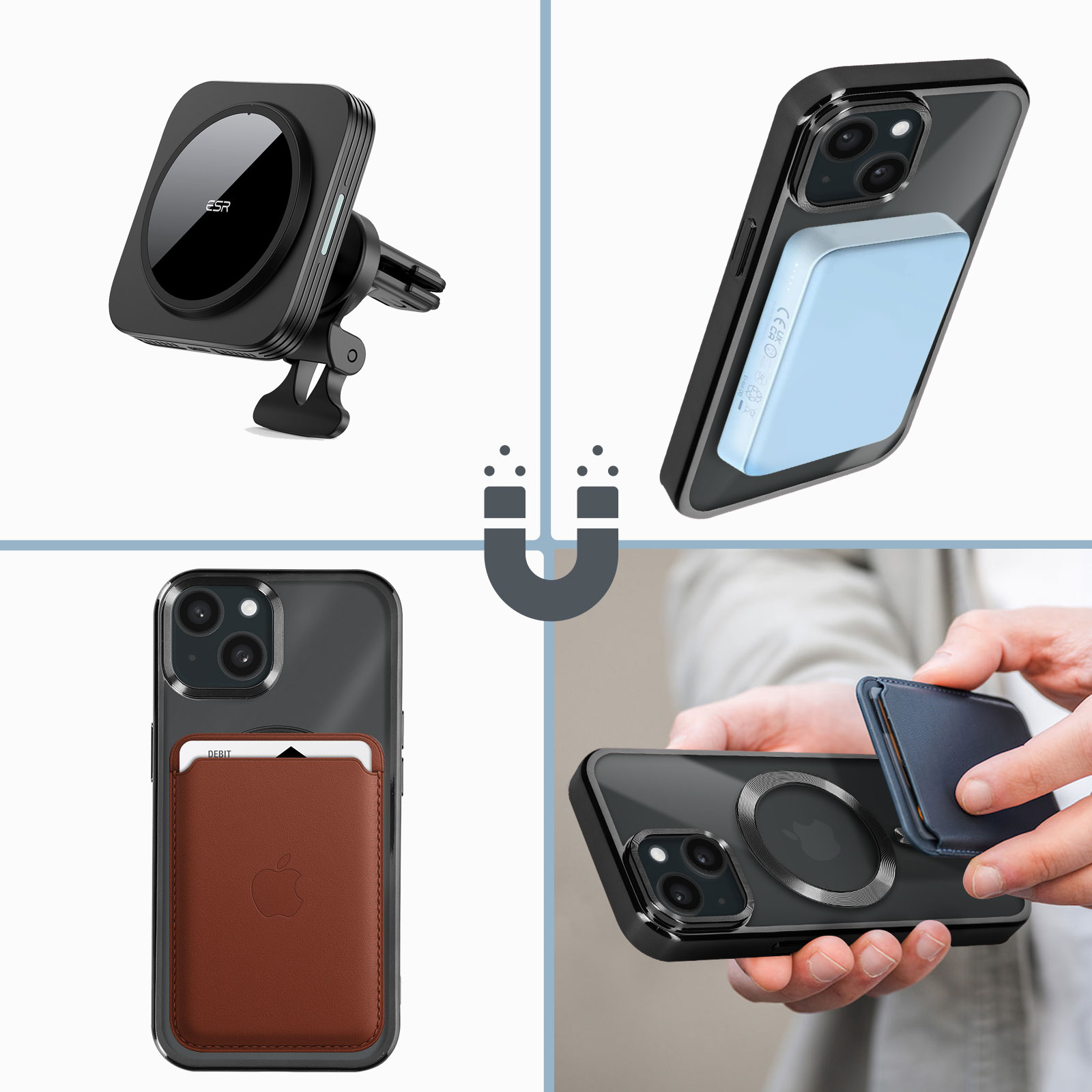Collage van telefoonaccessoires. Magnetische autohouder, telefoonhoesje met kaarthouder en portemonnee.