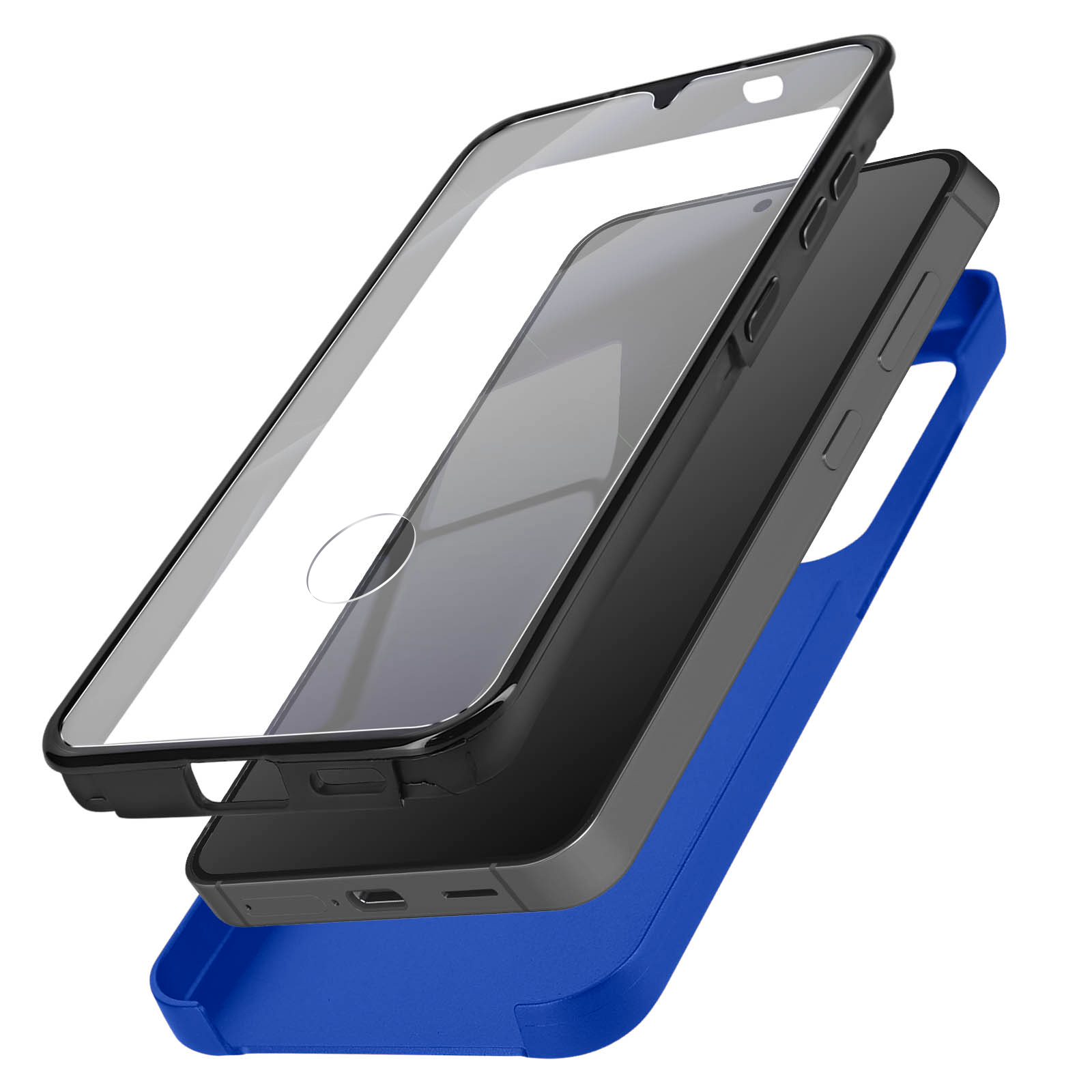Componenti del telefono: custodia blu, retro nero, protezione schermo trasparente e cornice nera.