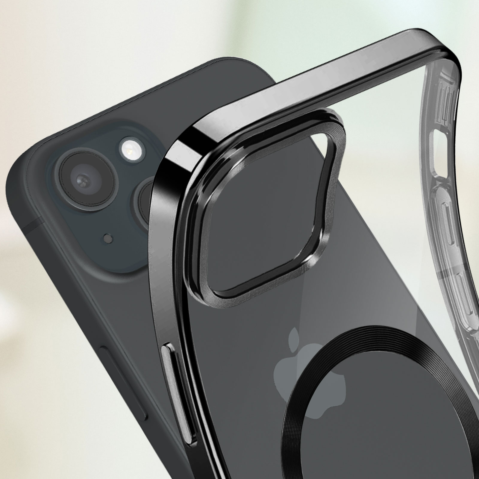 Telefoon in een doorzichtig hoesje met zwarte randen. Het hoesje heeft een magnetische ring en een camera-uitsparing.