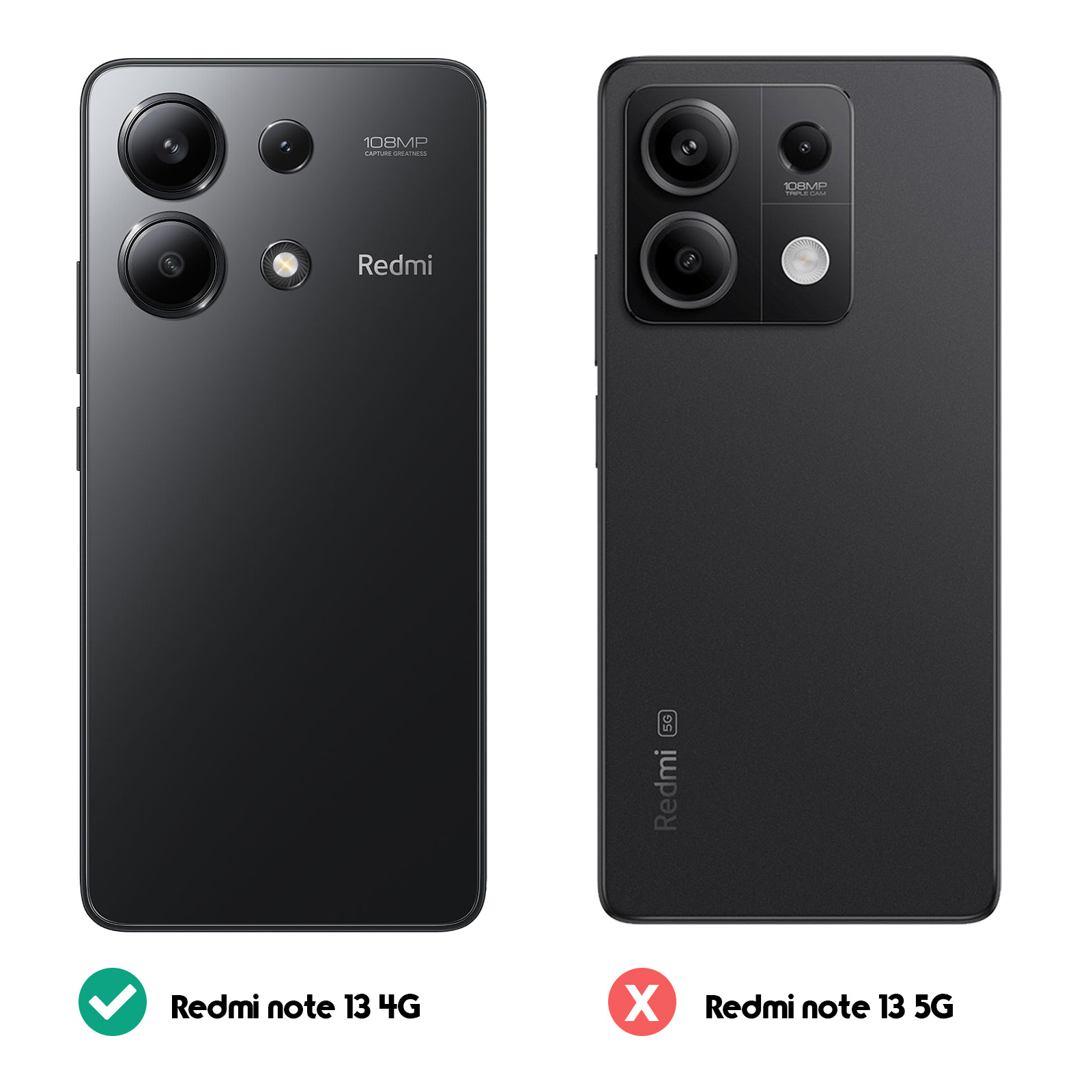 Zwei Telefone, Redmi Note 13 4G und 13 5G, in Schwarz. Note 13 4G ist korrekt.