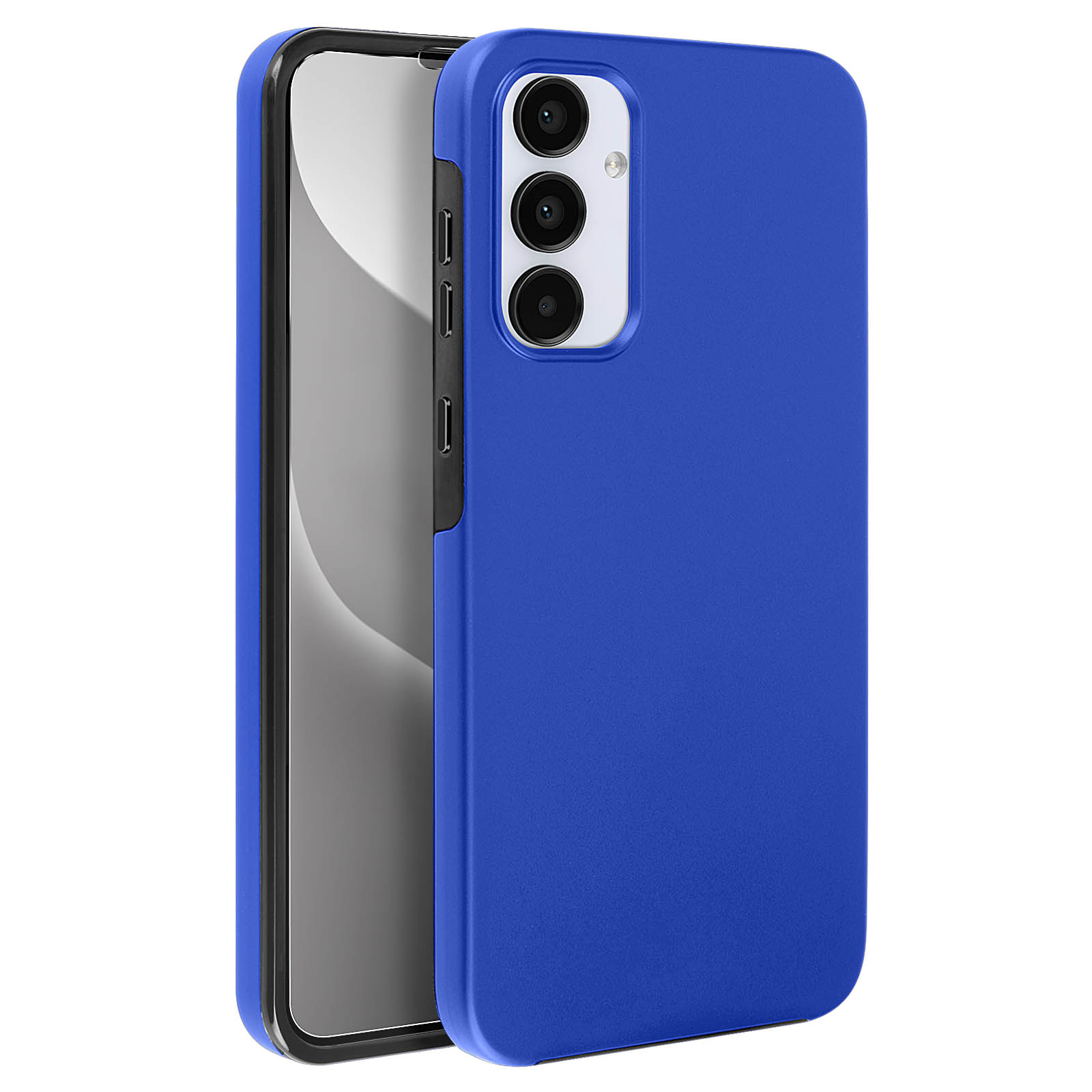 Custodia blu per telefono su sfondo bianco. Il telefono è inserito nella custodia.