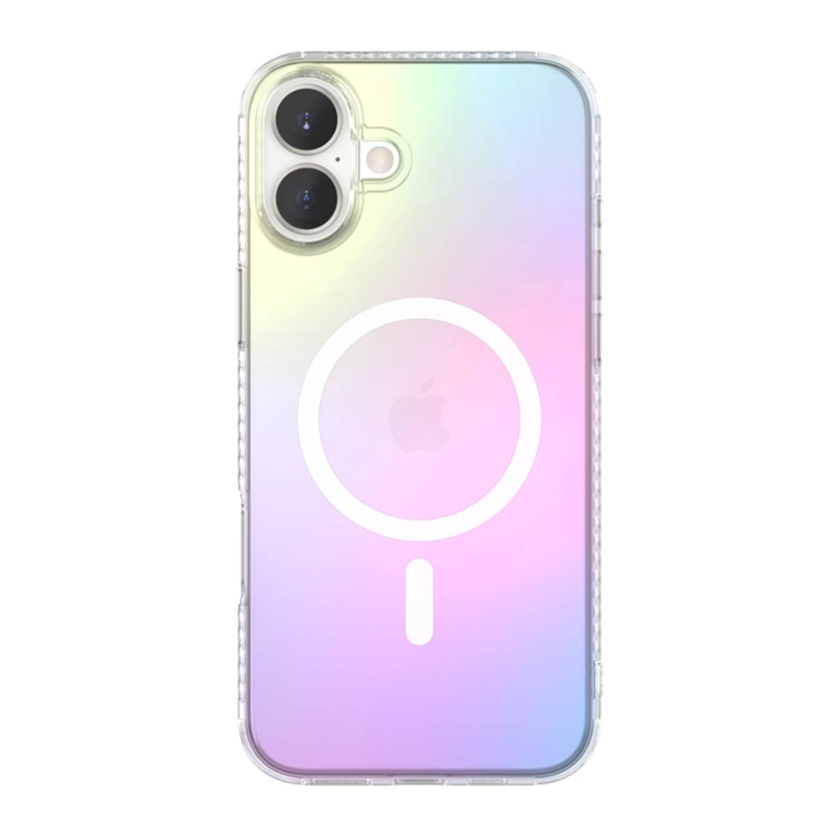 Custodia trasparente con gradiente arcobaleno su un telefono, che mostra il logo Apple.