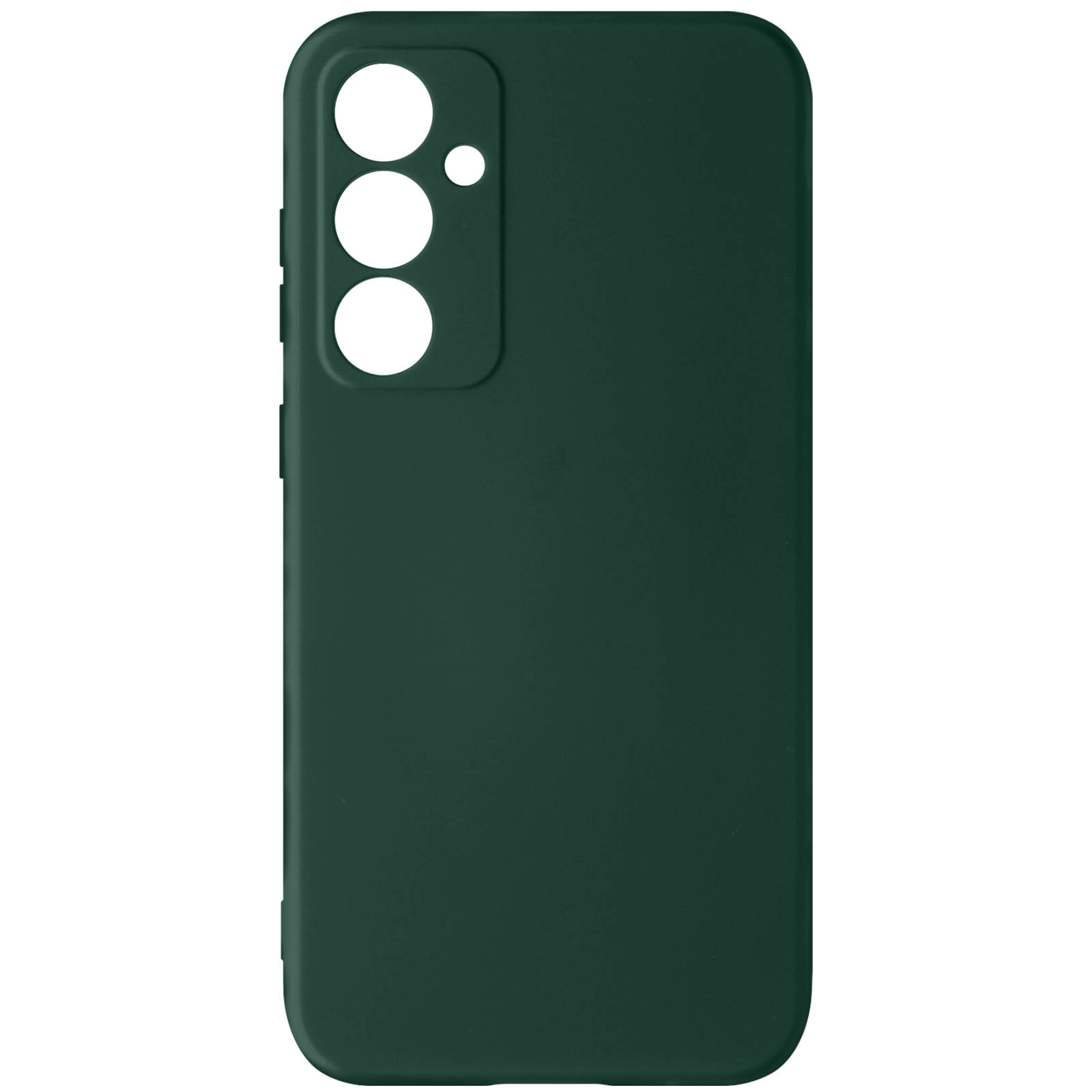 Custodia per telefono verde scuro. Ha un design semplice con tre fori per la fotocamera e pulsanti laterali.
