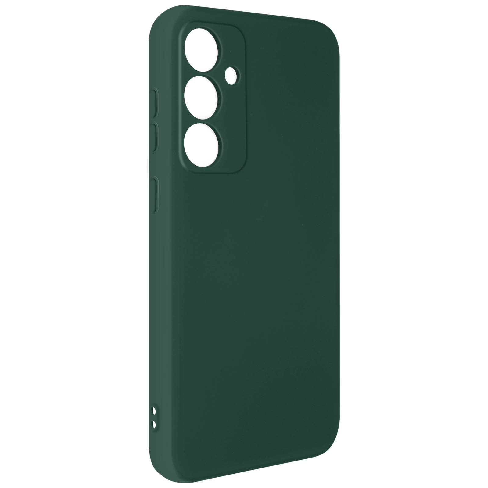 Custodia verde scuro per telefono, con fori per fotocamera e pulsanti. Design semplice.