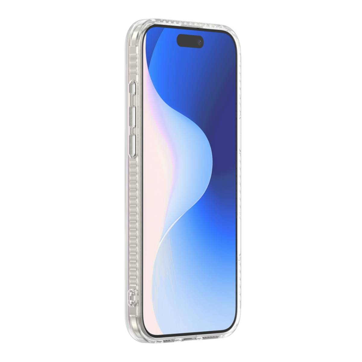 Telefono trasparente con schermo blu e bianco. Vista laterale.