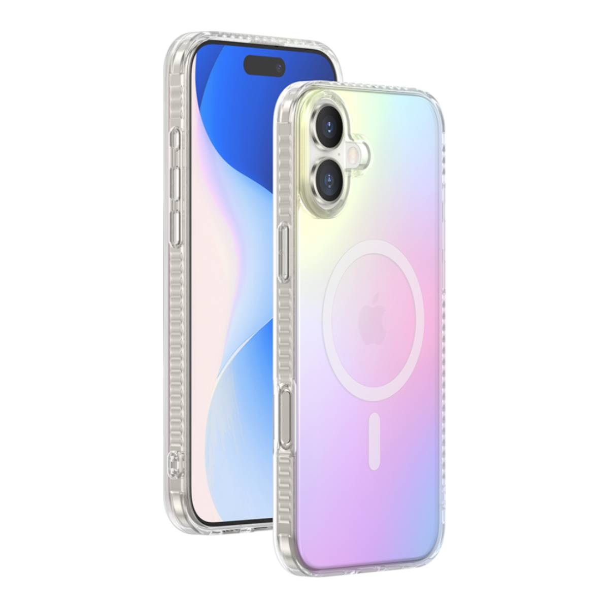 Due telefoni, uno con retro colorato e uno con custodia trasparente, su sfondo bianco.