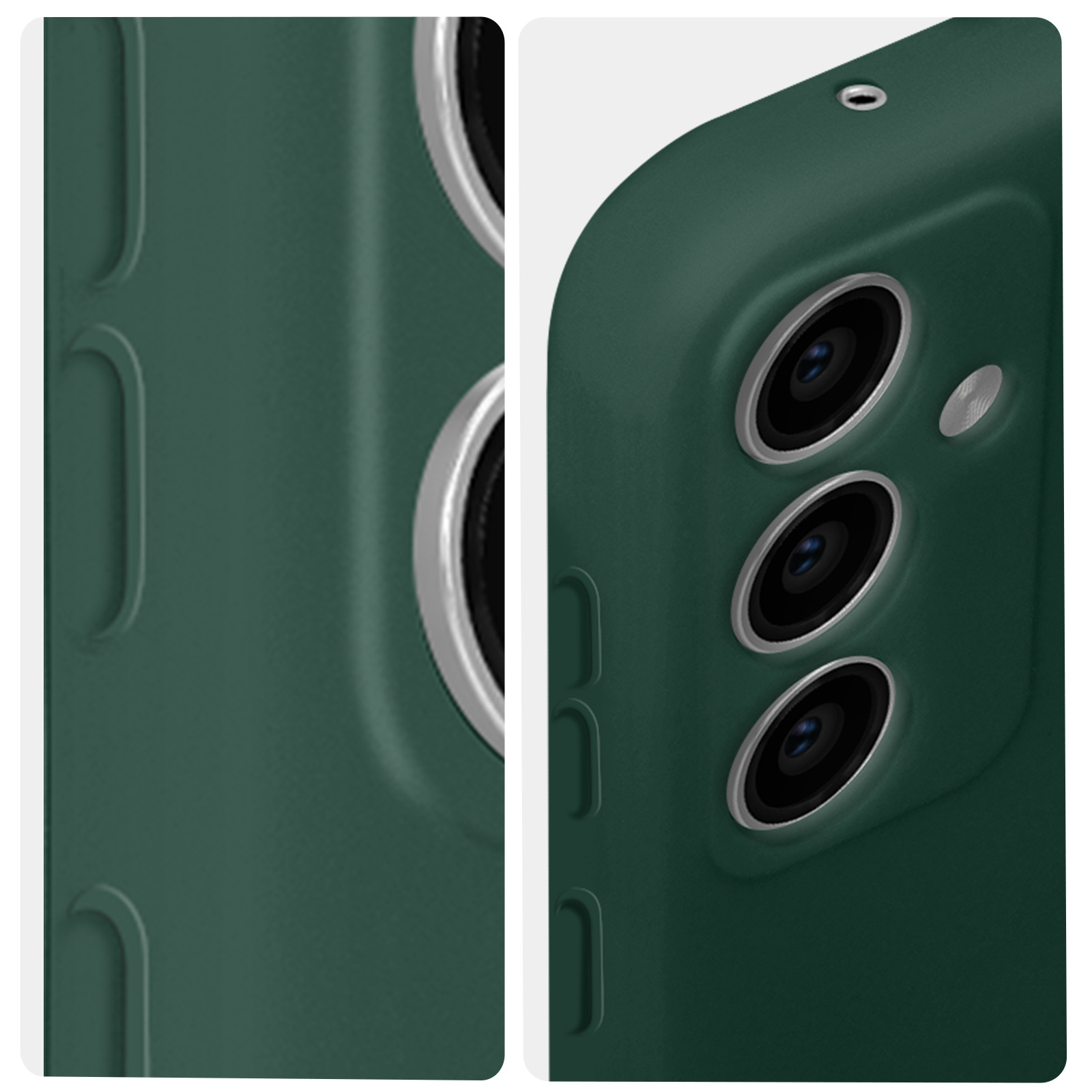 Custodia verde per telefono con ritagli per fotocamera. Pulsanti visibili e lato strutturato. Sfondo bianco.