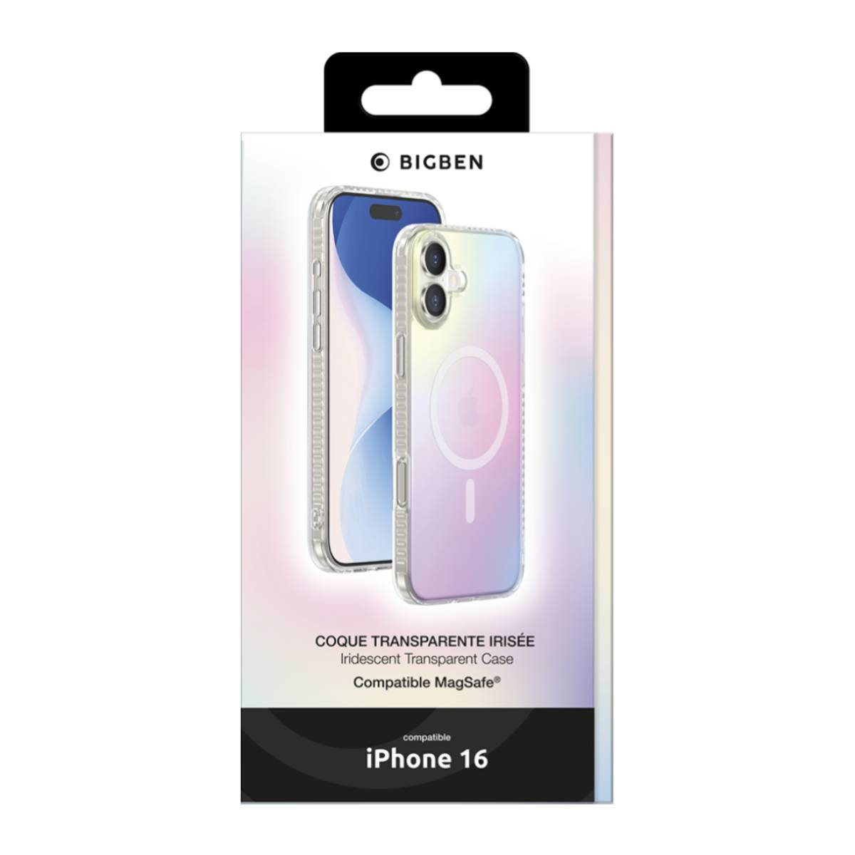 Confezione per custodia per telefono, con telefono e custodia all'interno. Compatibile con iPhone 16.
