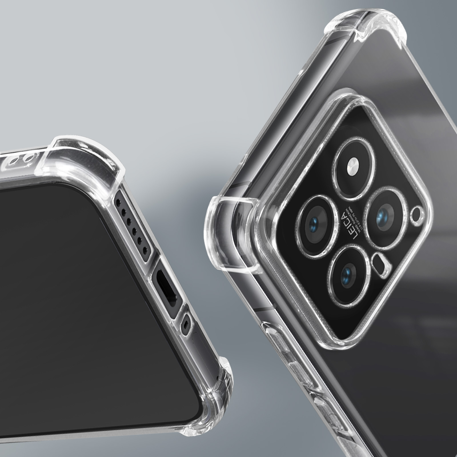 Custodia trasparente per telefono con ritaglio per fotocamera che mostra un telefono con più lenti.