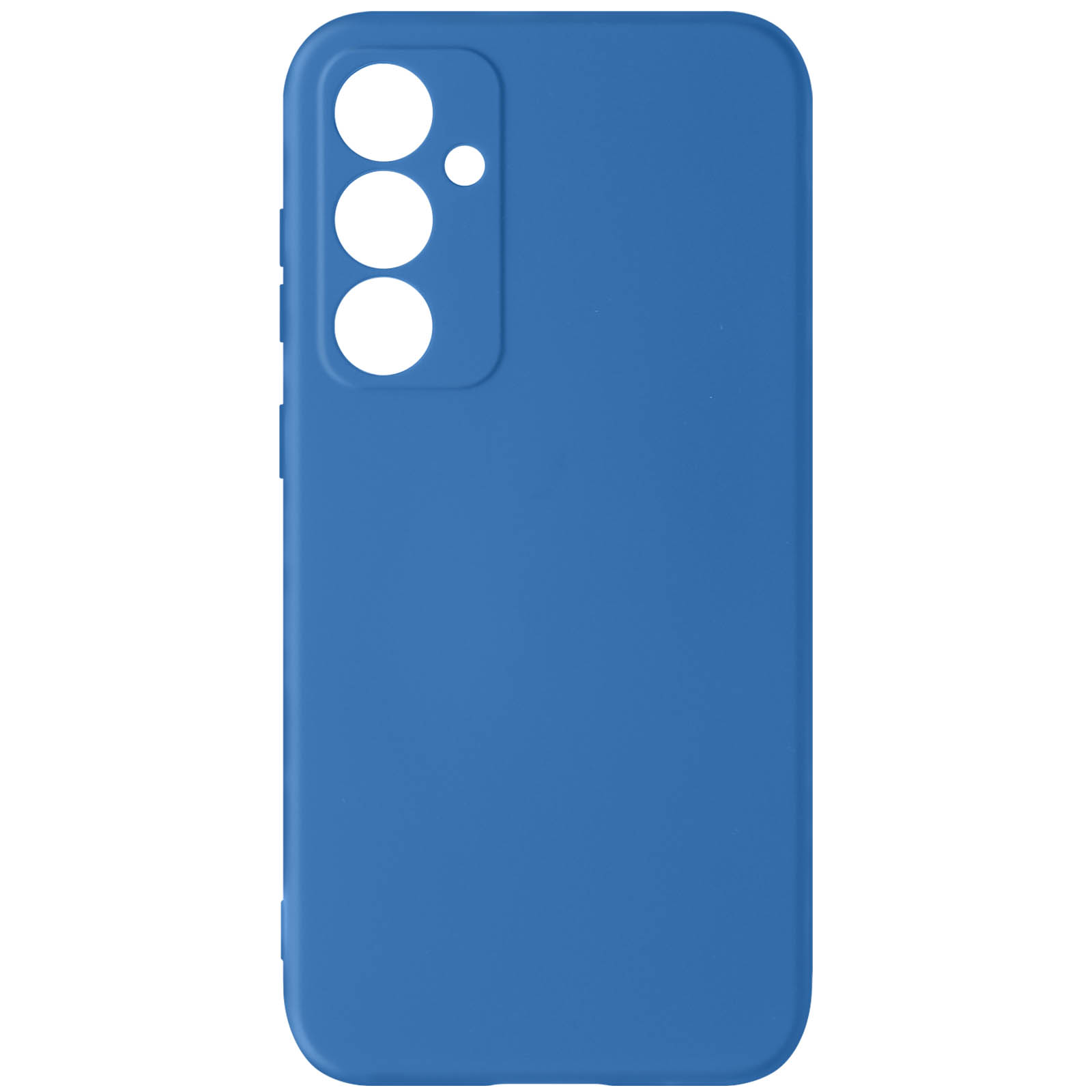 Custodia blu con fori per fotocamera e pulsanti laterali.