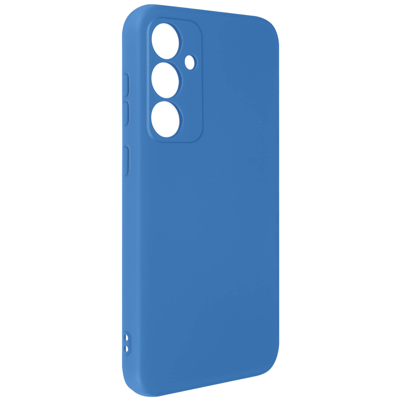 Custodia blu per telefono con ritagli per fotocamera e pulsanti laterali. Colore blu pieno.