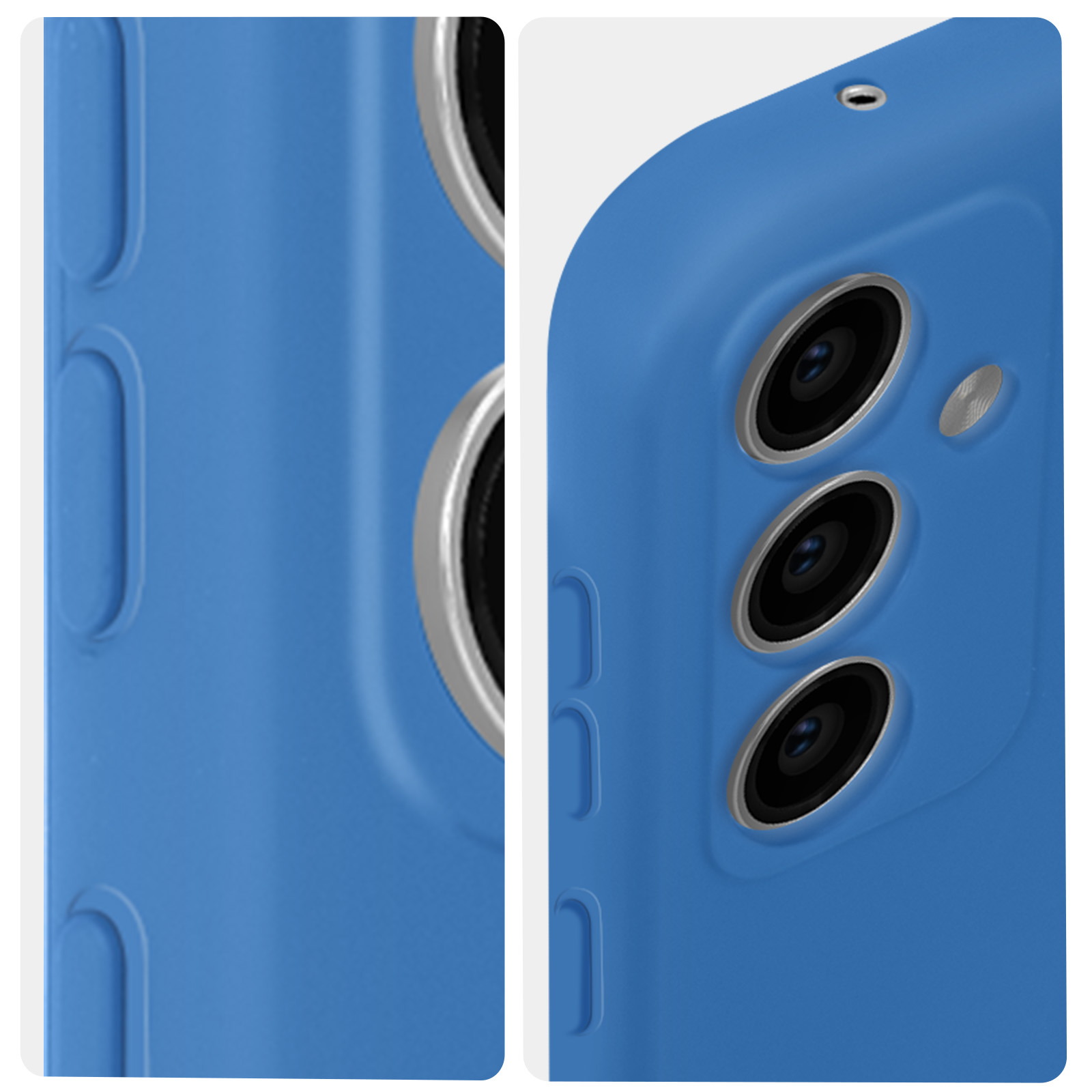 Dettaglio custodia blu, pulsanti laterali e lenti della fotocamera visibili.