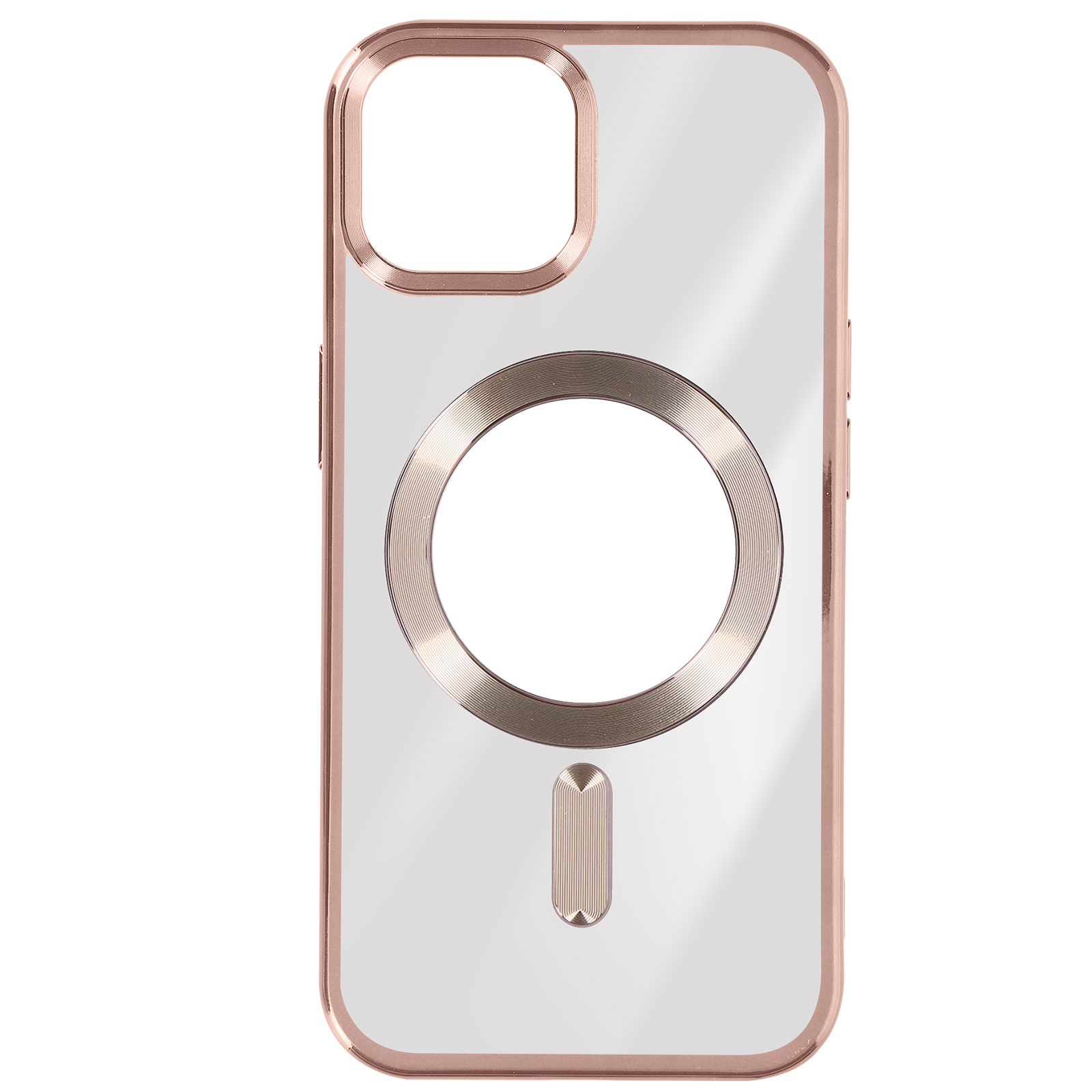 Custodia trasparente con bordi oro rosa e design metallico circolare.