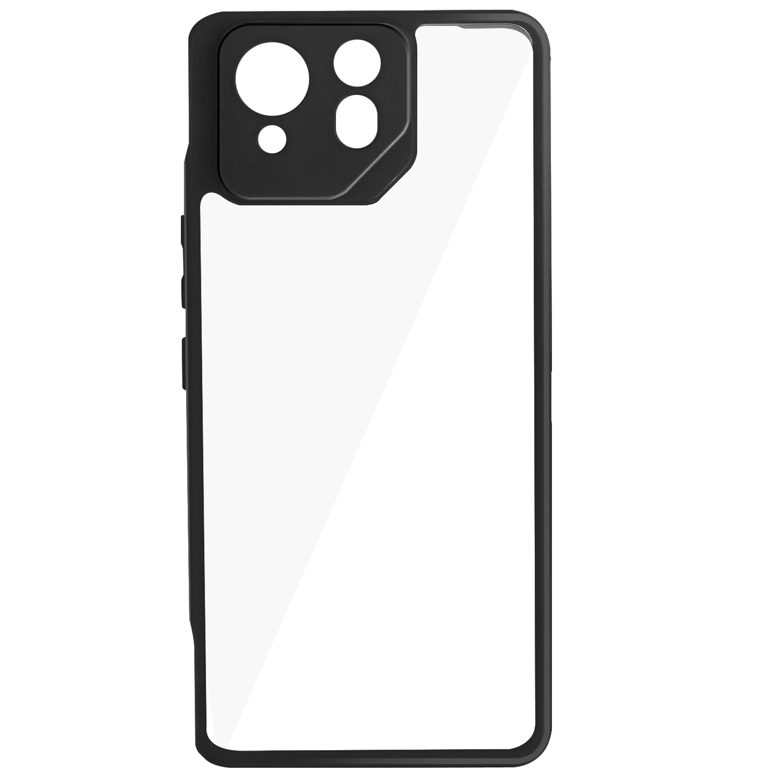 Una custodia per telefono con bordi neri e retro trasparente. Il retro ha un ritaglio per la fotocamera. Su bianco.