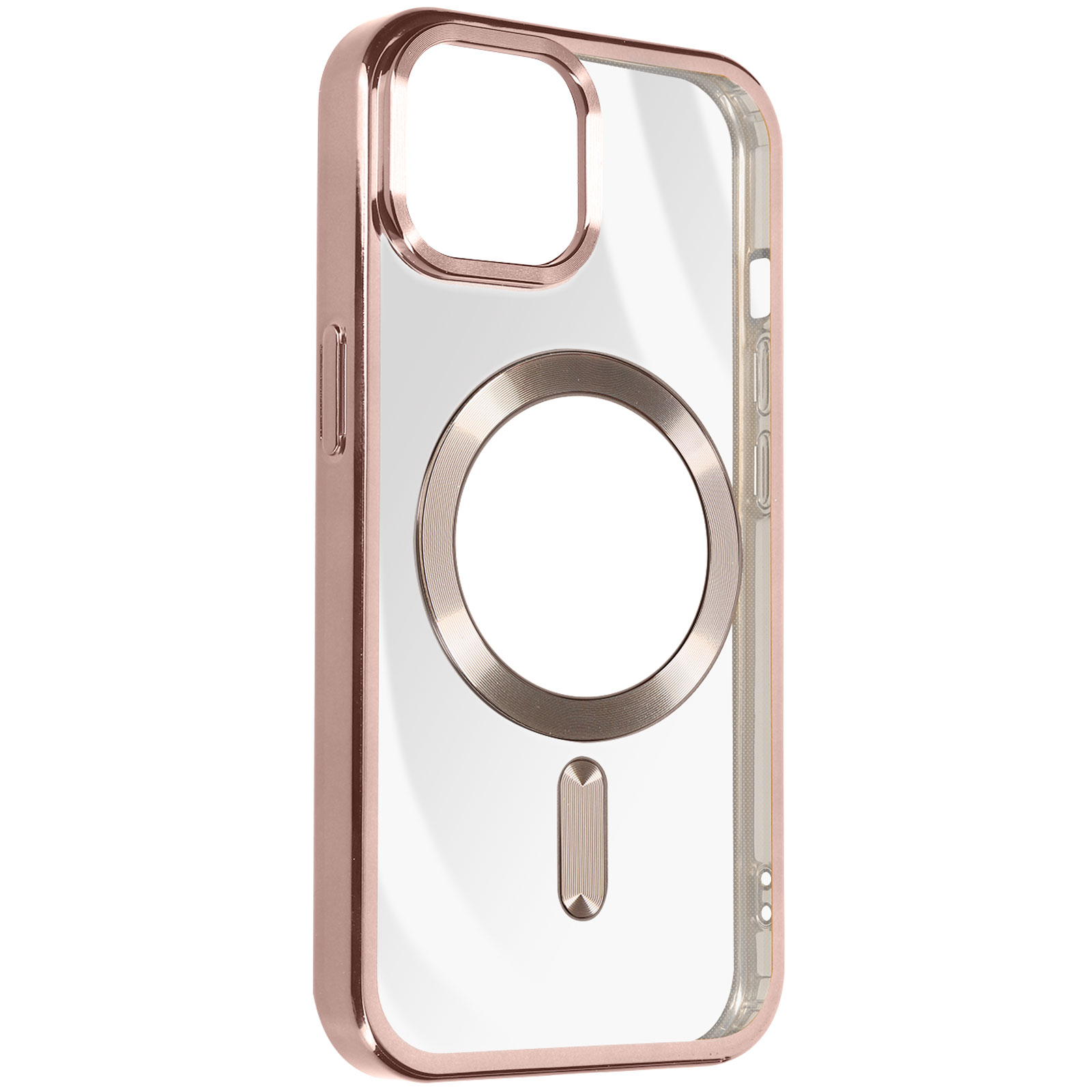Una custodia con cornice oro rosa e retro trasparente. Ha un anello e un lungo rettangolo sul retro.