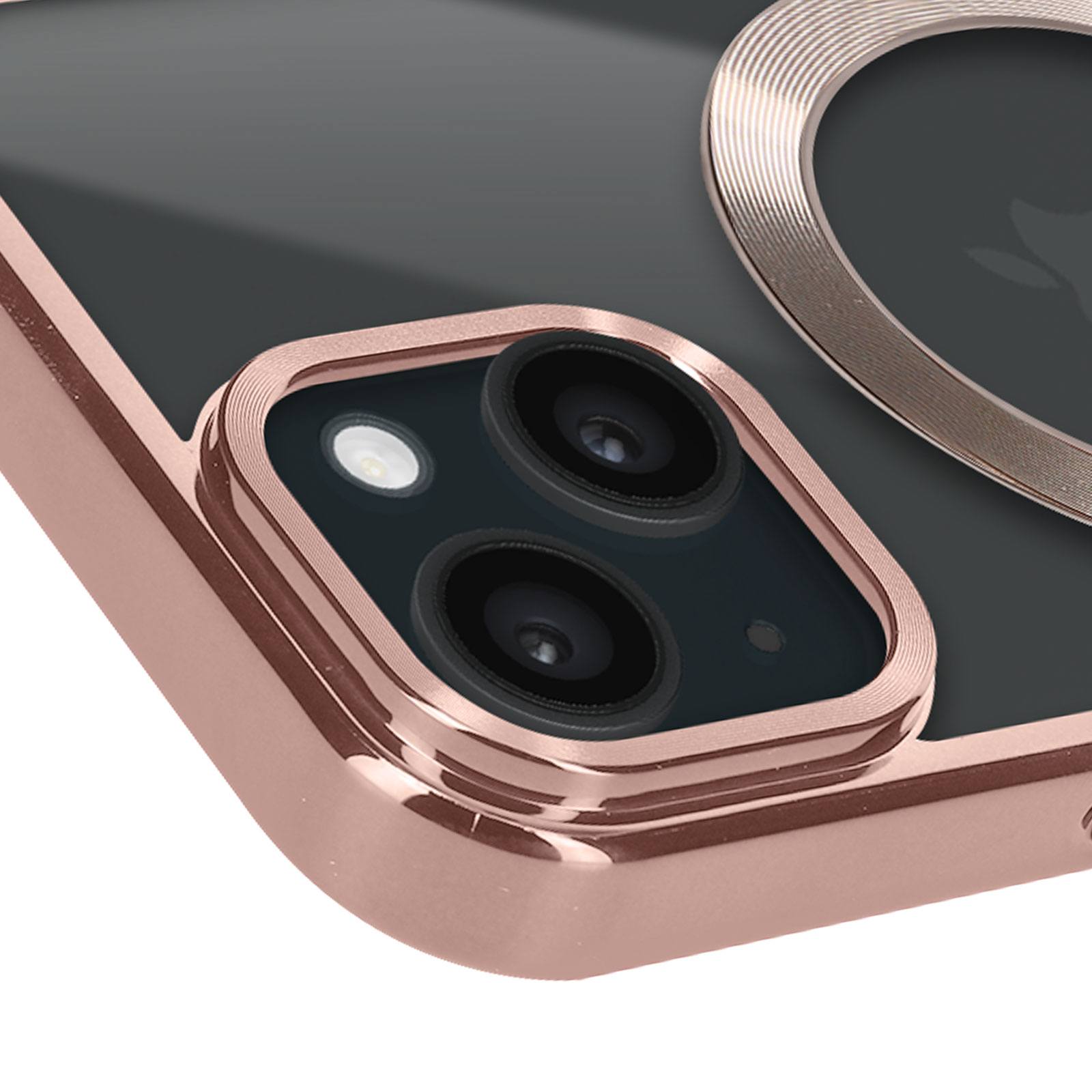 Primo piano di una custodia con anello fotocamera oro rosa e lenti fotocamera nere.