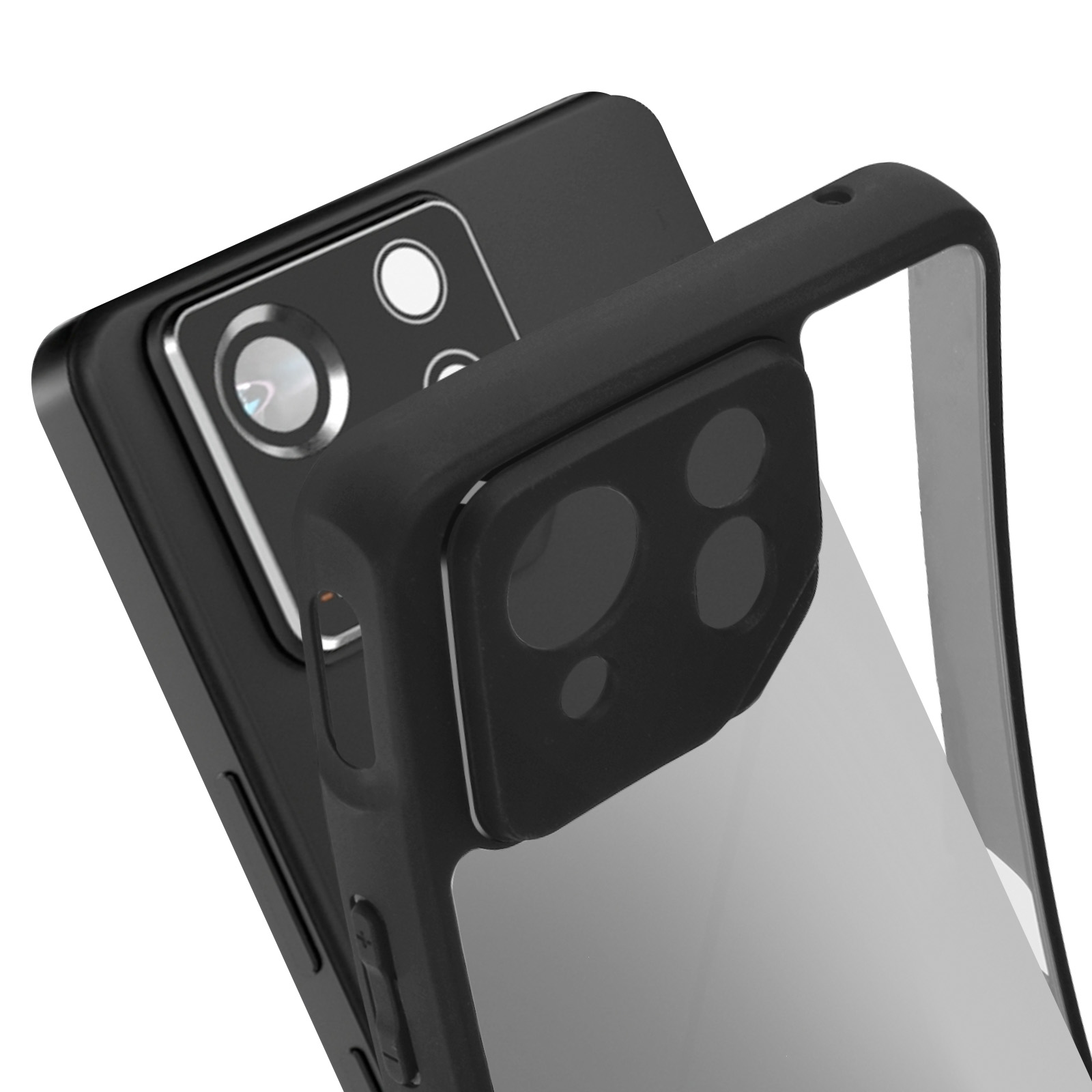 Un telefono nero con una custodia trasparente che mostra il modulo fotocamera. La custodia è sul telefono.
