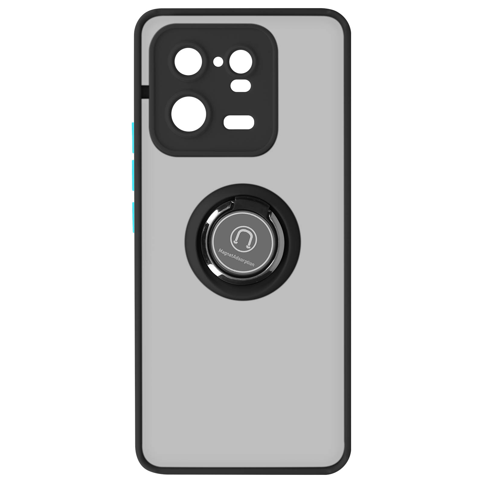Custodia per telefono con anello di supporto. Retro grigio, cornice nera e anello con logo.