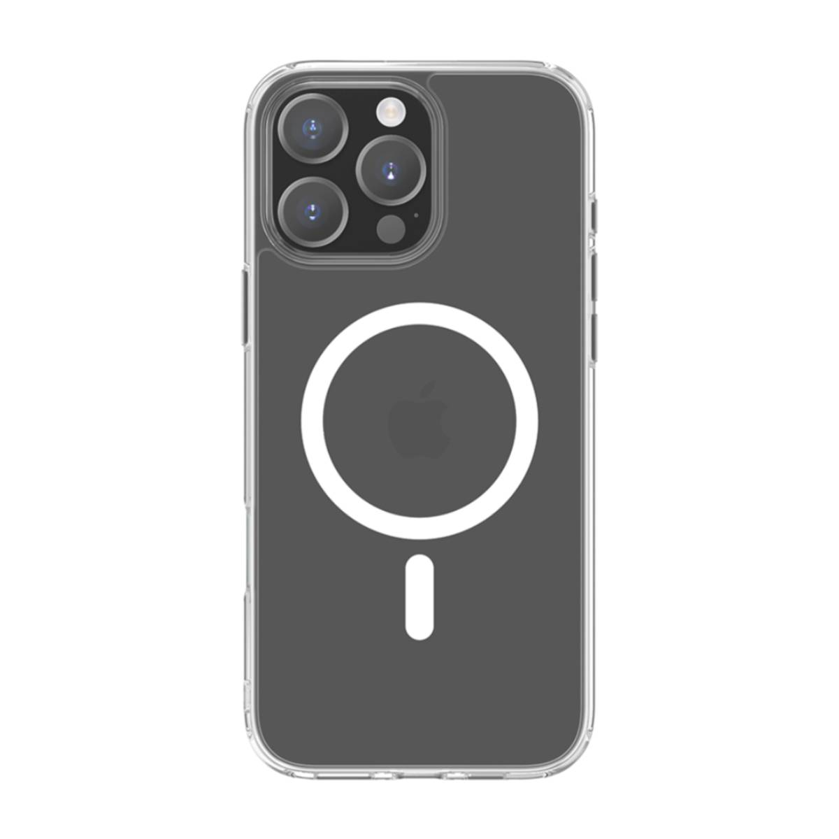 Custodia trasparente per telefono con cerchio e trattino bianchi. Il telefono ha più fotocamere e un flash.